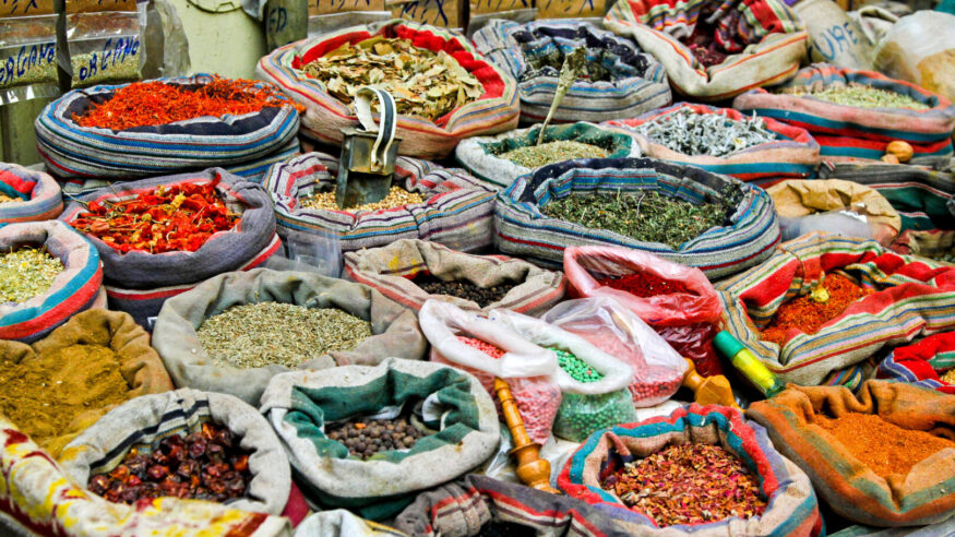 Spices sold on Cairo market in sacks.
