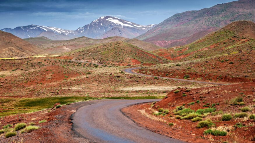 The road through the High Atlas Morocco North Africa .The High Atlas, valleys, on the road over the pass from Tizi N'Tichka, road from Ouarzazate to Marrakech.Nikon D3x