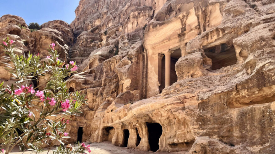 A Nabataean site, with buildings carved into the walls of sandstone canyons