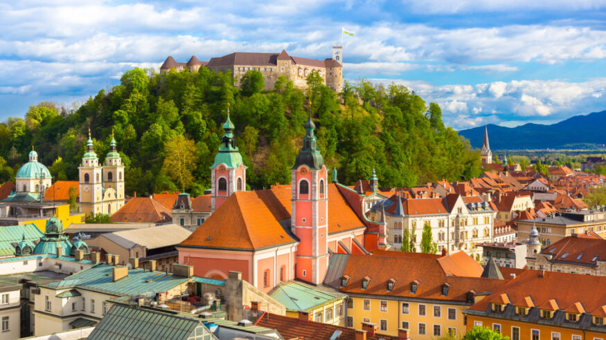 Panorama of the Slovenian capital Ljubljana at sunset.