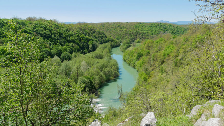 Aerial view of a beautiful Mreznica River, Duga Resa, Croatia