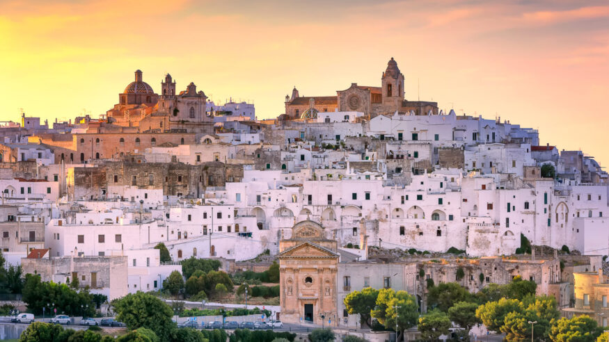 Ostuni city in sunset. White town of Puglia region, South Italy.