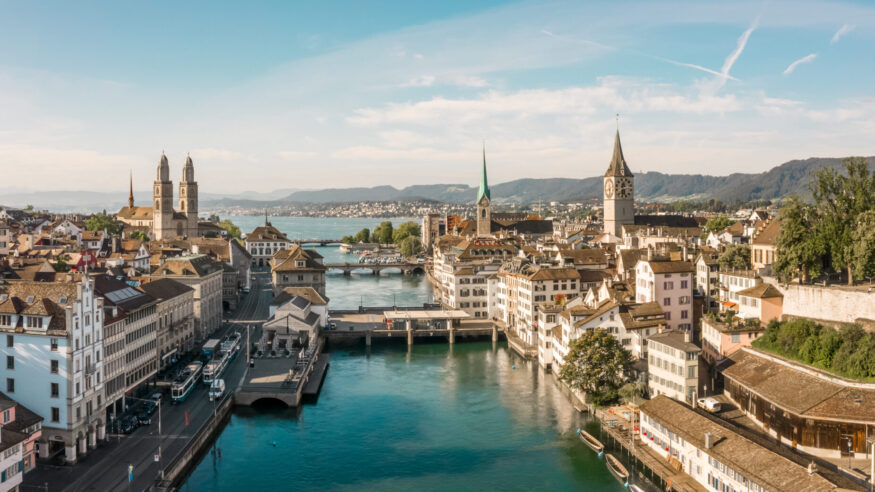 Beautiful view of the Limmat and the Grossmünster from the air