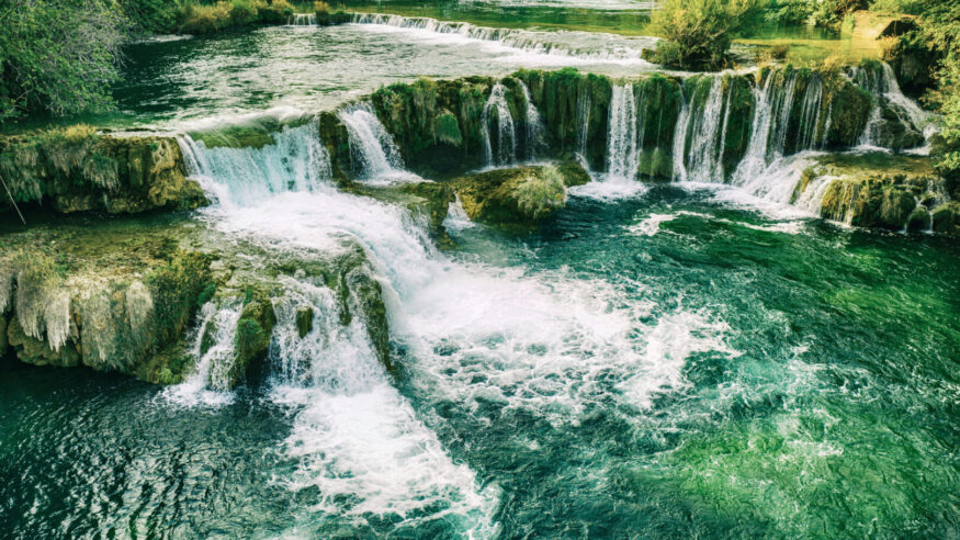 Amazing waterfalls at Krka National Park in Croatia, beautiful landscape, travel attraction, summer touristic concept
