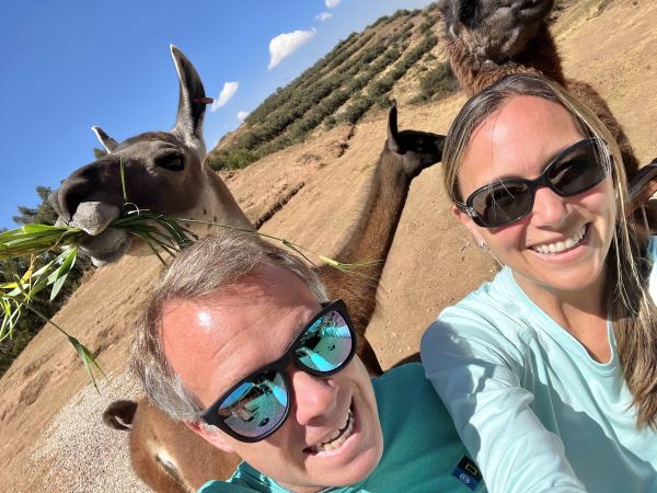 Three llamas sneak up behind a man and a woman in Peru, one with a mouth full of green leaves.